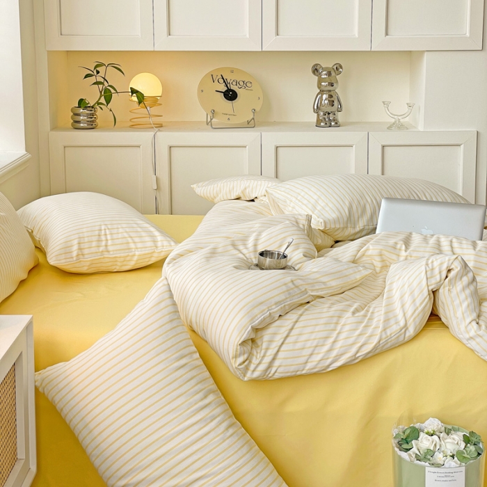 91家纺网 家纺一手货源 找家纺 暖芯优选2023直播款无印风双层纱棉麻水洗棉麻四件套竖条纹嫩鹅黄条