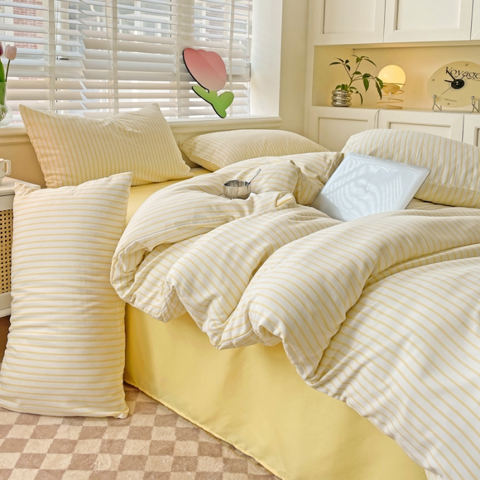 91家纺网 家纺一手货源 找家纺 暖芯优选2023直播款无印风双层纱棉麻水洗棉麻四件套竖条纹嫩鹅黄条