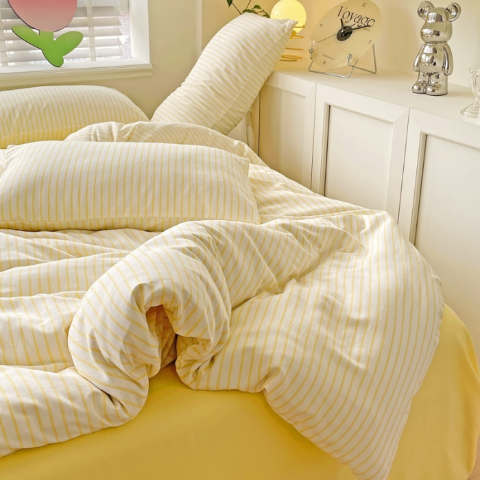 91家纺网 家纺一手货源 找家纺 暖芯优选2023直播款无印风双层纱棉麻水洗棉麻四件套竖条纹嫩鹅黄条