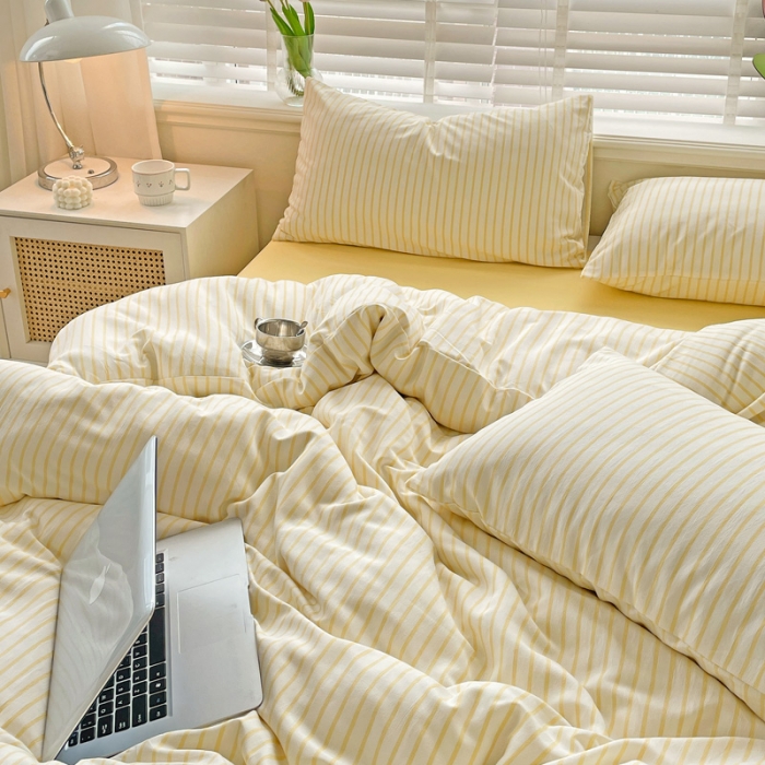 91家纺网 家纺一手货源 找家纺 暖芯优选2023直播款无印风双层纱棉麻水洗棉麻四件套竖条纹嫩鹅黄条