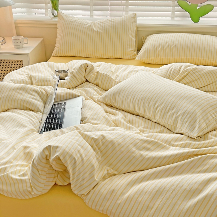 91家纺网 家纺一手货源 找家纺 暖芯优选2023直播款无印风双层纱棉麻水洗棉麻四件套竖条纹嫩鹅黄条