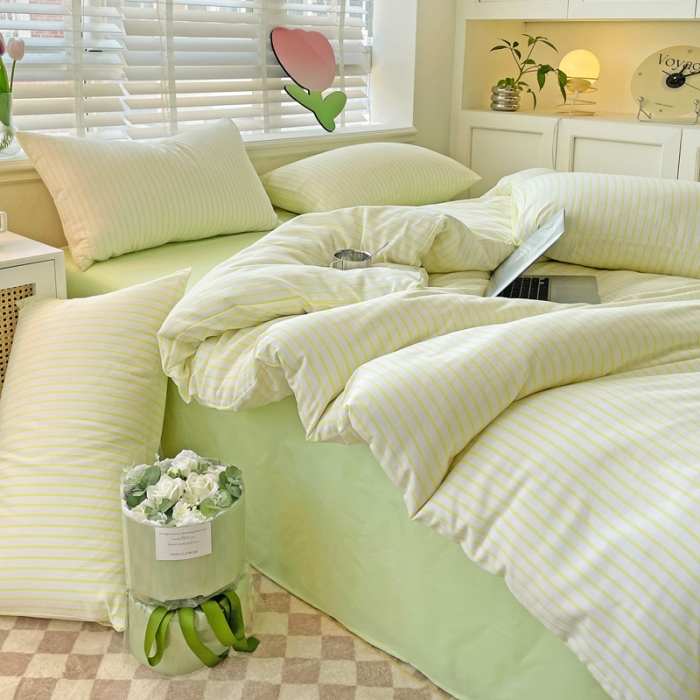 91家纺网 家纺一手货源 找家纺 暖芯优选 2023直播无印风双层纱棉麻水洗棉麻四件套竖条纹荧光绿条