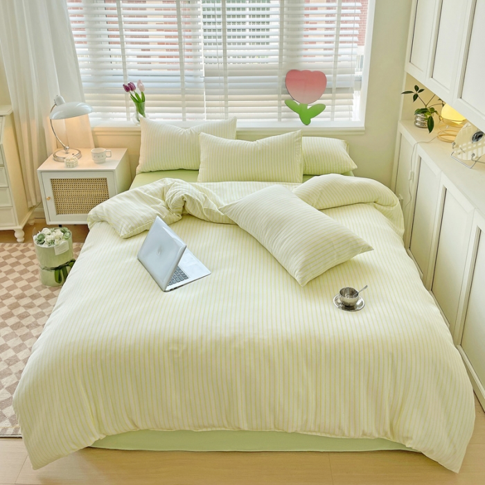 91家纺网 家纺一手货源 找家纺 暖芯优选 2023直播无印风双层纱棉麻水洗棉麻四件套竖条纹荧光绿条