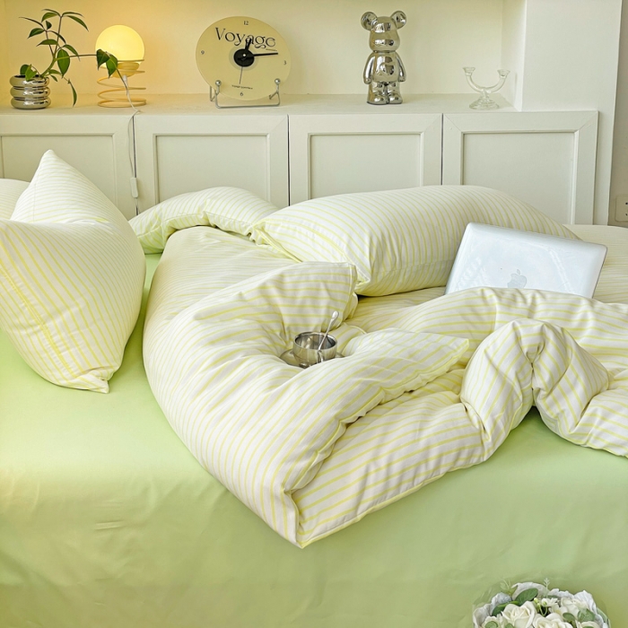 91家纺网 家纺一手货源 找家纺 暖芯优选 2023直播无印风双层纱棉麻水洗棉麻四件套竖条纹荧光绿条