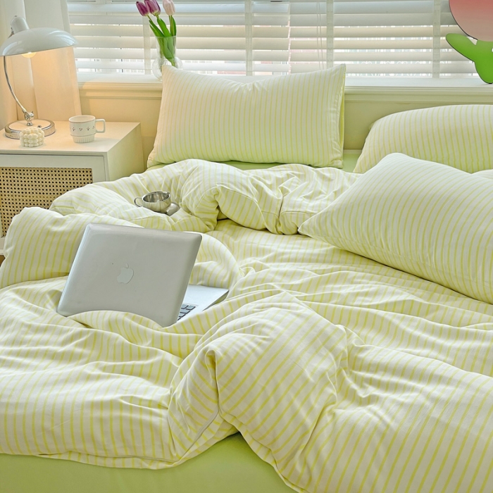 91家纺网 家纺一手货源 找家纺 暖芯优选 2023直播无印风双层纱棉麻水洗棉麻四件套竖条纹荧光绿条