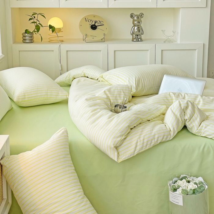 91家纺网 家纺一手货源 找家纺 暖芯优选 2023直播无印风双层纱棉麻水洗棉麻四件套竖条纹荧光绿条