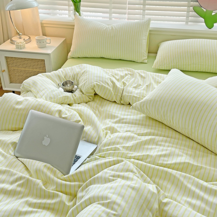 91家纺网 家纺一手货源 找家纺 暖芯优选 2023直播无印风双层纱棉麻水洗棉麻四件套竖条纹荧光绿条