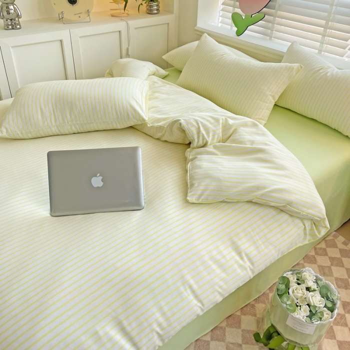 91家纺网 家纺一手货源 找家纺 暖芯优选 2023直播无印风双层纱棉麻水洗棉麻四件套竖条纹荧光绿条