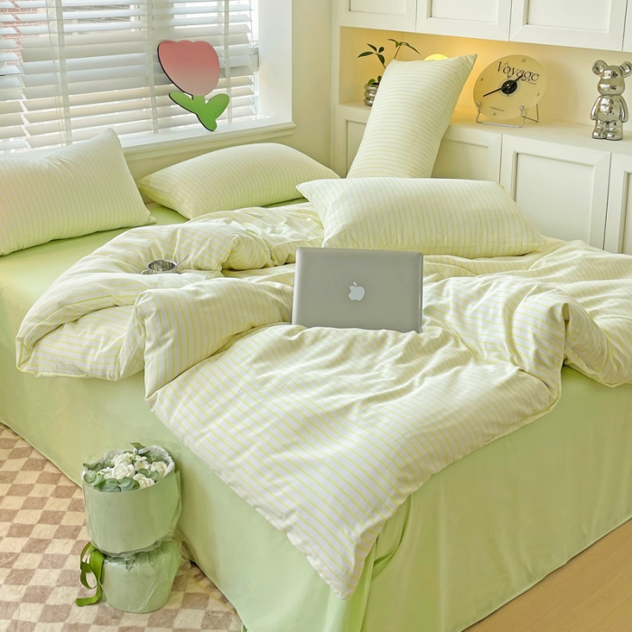 91家纺网 家纺一手货源 找家纺 暖芯优选 2023直播无印风双层纱棉麻水洗棉麻四件套竖条纹荧光绿条