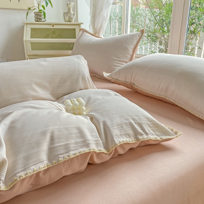 91家纺网 家纺一手货源 找家纺 暖芯优选 2023新款无印风贝壳绣双层纱棉麻水洗四件套 宁静-米白