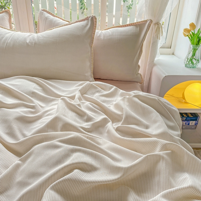 91家纺网 家纺一手货源 找家纺 暖芯优选 2023新款无印风贝壳绣双层纱棉麻水洗四件套 宁静-米白