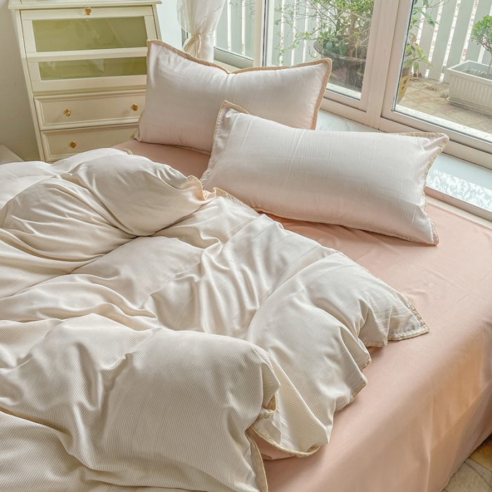 91家纺网 家纺一手货源 找家纺 暖芯优选 2023新款无印风贝壳绣双层纱棉麻水洗四件套 宁静-米白