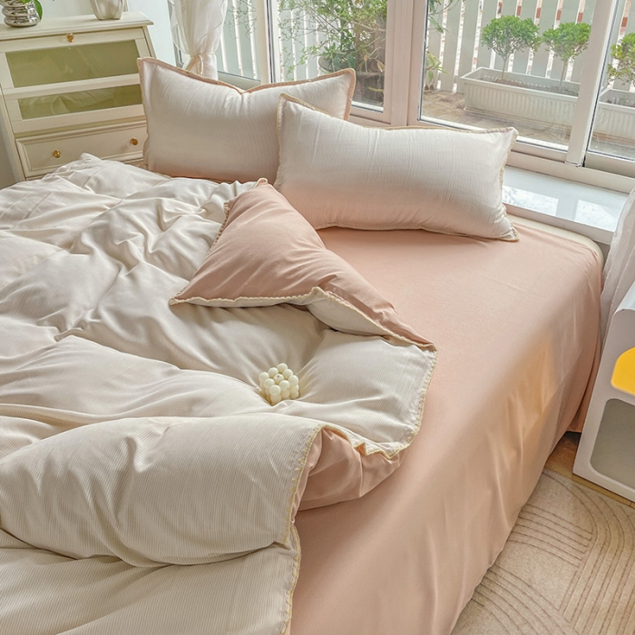 91家纺网 家纺一手货源 找家纺 暖芯优选 2023新款无印风贝壳绣双层纱棉麻水洗四件套 宁静-米白