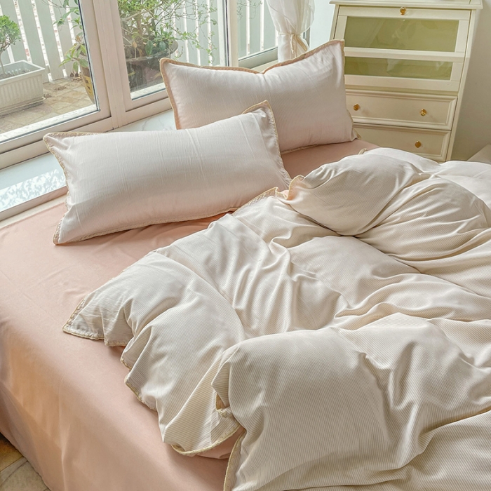 91家纺网 家纺一手货源 找家纺 暖芯优选 2023新款无印风贝壳绣双层纱棉麻水洗四件套 宁静-米白