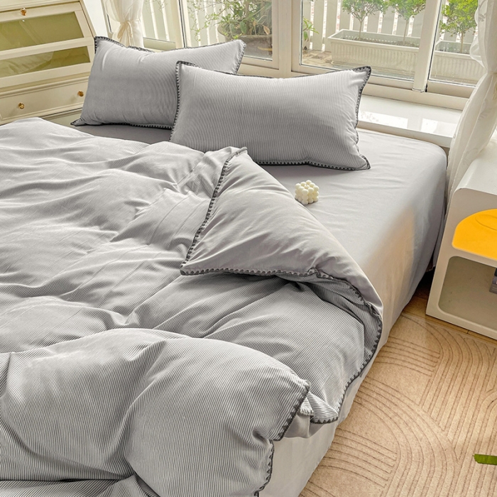 91家纺网 家纺一手货源 找家纺 暖芯优选 2023新款无印风贝壳绣双层纱棉麻水洗四件套 宁静-浅灰