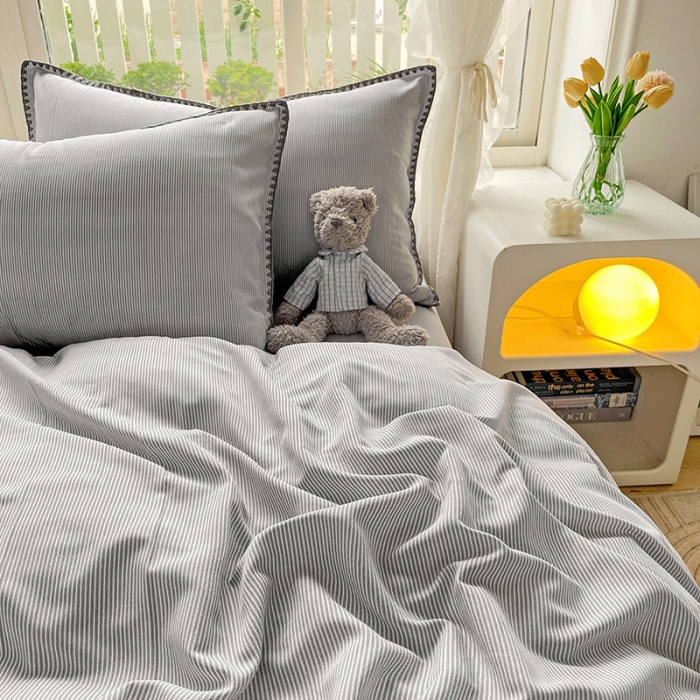 91家纺网 家纺一手货源 找家纺 暖芯优选 2023新款无印风贝壳绣双层纱棉麻水洗四件套 宁静-浅灰