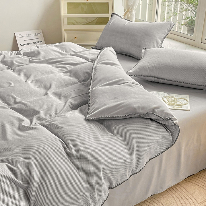 91家纺网 家纺一手货源 找家纺 暖芯优选 2023新款无印风贝壳绣双层纱棉麻水洗四件套 宁静-浅灰