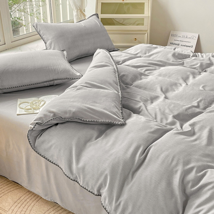 91家纺网 家纺一手货源 找家纺 暖芯优选 2023新款无印风贝壳绣双层纱棉麻水洗四件套 宁静-浅灰