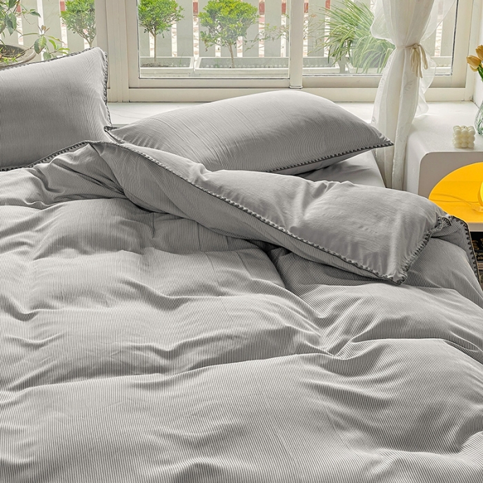 91家纺网 家纺一手货源 找家纺 暖芯优选 2023新款无印风贝壳绣双层纱棉麻水洗四件套 宁静-浅灰