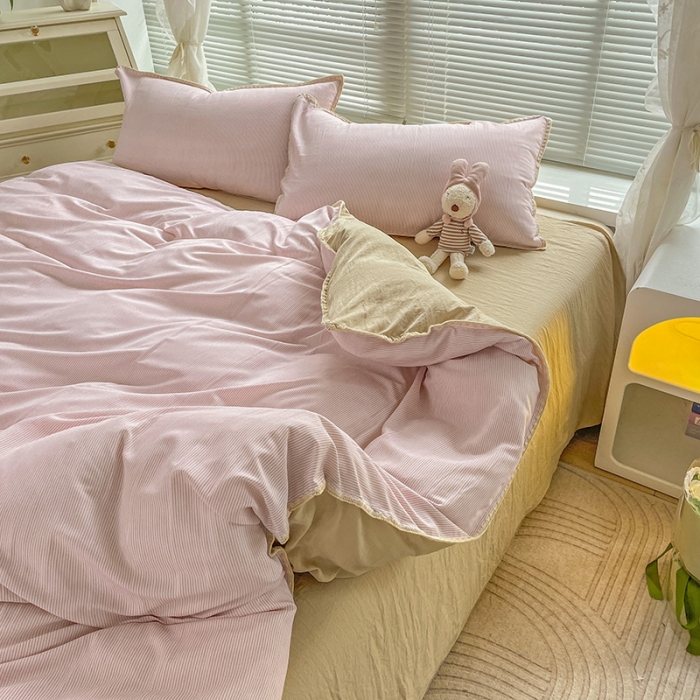 91家纺网 家纺一手货源 找家纺 暖芯优选 2023新款无印风贝壳绣双层纱棉麻水洗四件套 宁静-云云粉