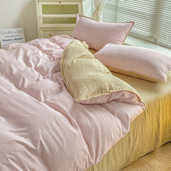 91家纺网 家纺一手货源 找家纺 暖芯优选 2023新款无印风贝壳绣双层纱棉麻水洗四件套 宁静-云云粉