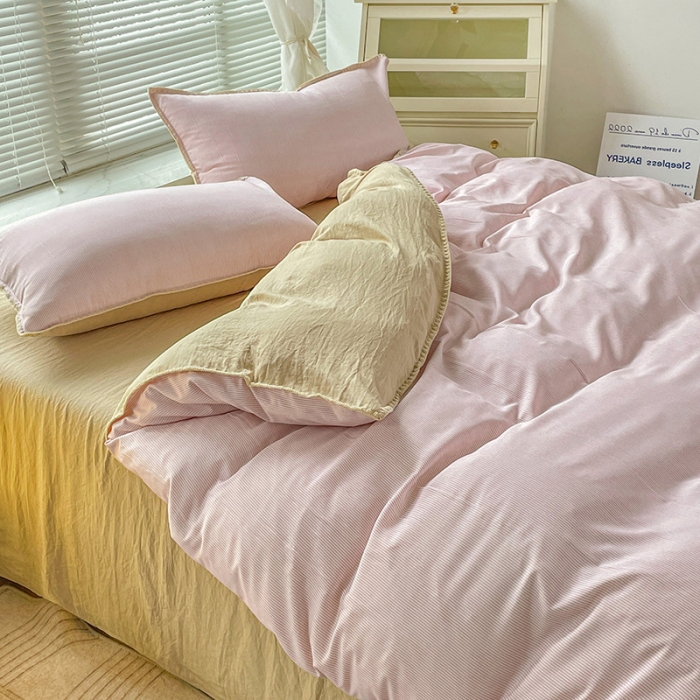 91家纺网 家纺一手货源 找家纺 暖芯优选 2023新款无印风贝壳绣双层纱棉麻水洗四件套 宁静-云云粉