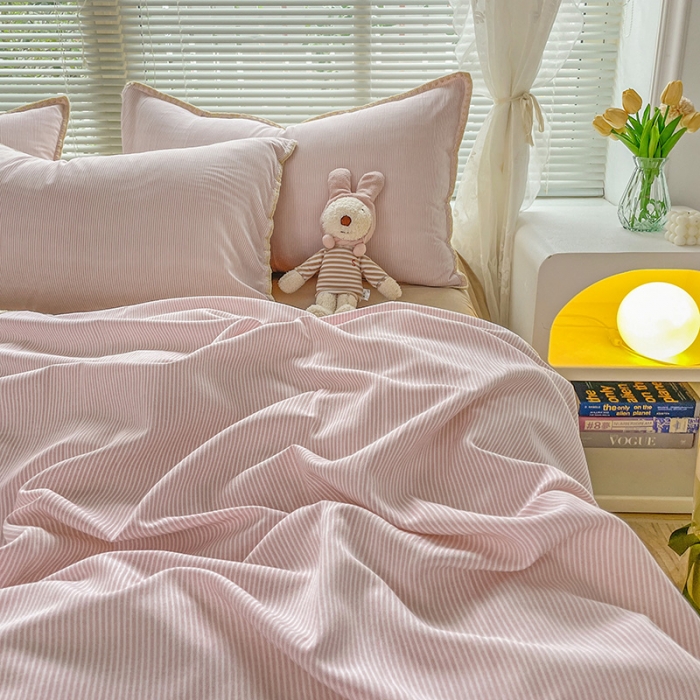 91家纺网 家纺一手货源 找家纺 暖芯优选 2023新款无印风贝壳绣双层纱棉麻水洗四件套 宁静-云云粉