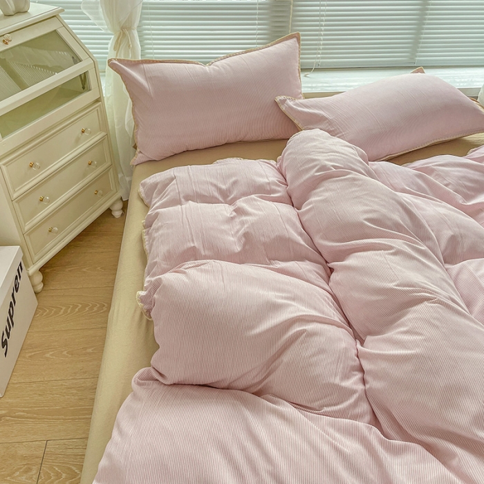 91家纺网 家纺一手货源 找家纺 暖芯优选 2023新款无印风贝壳绣双层纱棉麻水洗四件套 宁静-云云粉