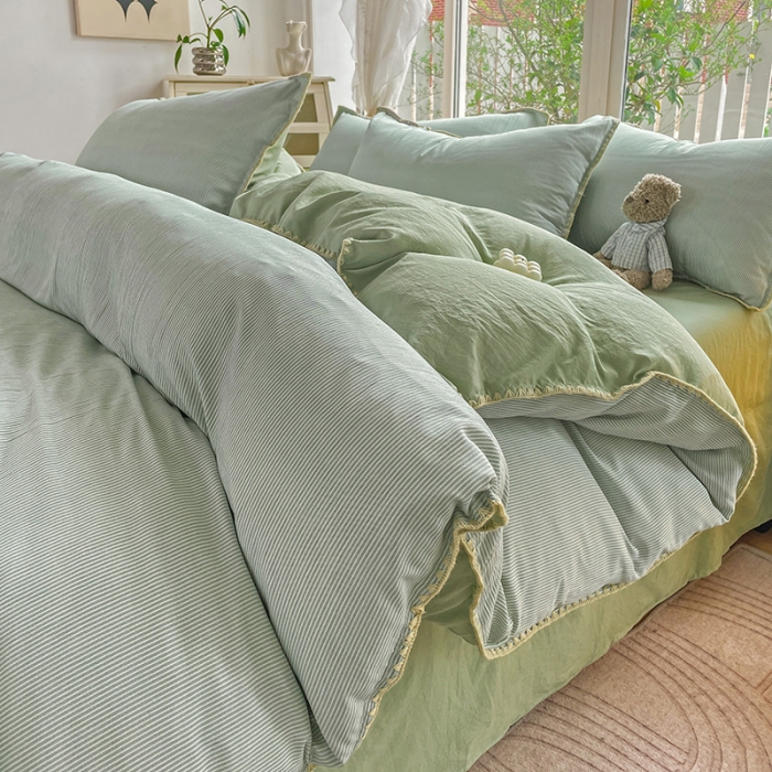 91家纺网 家纺一手货源 找家纺 暖芯优选 2023新款无印风贝壳绣双层纱棉麻水洗四件套 宁静-浅绿