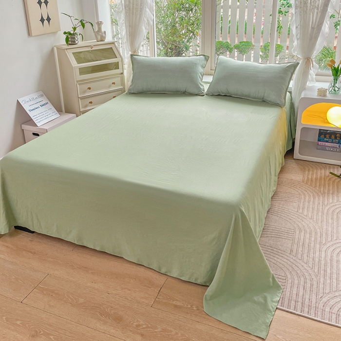 91家纺网 家纺一手货源 找家纺 暖芯优选 2023新款无印风贝壳绣双层纱棉麻水洗四件套 宁静-浅绿