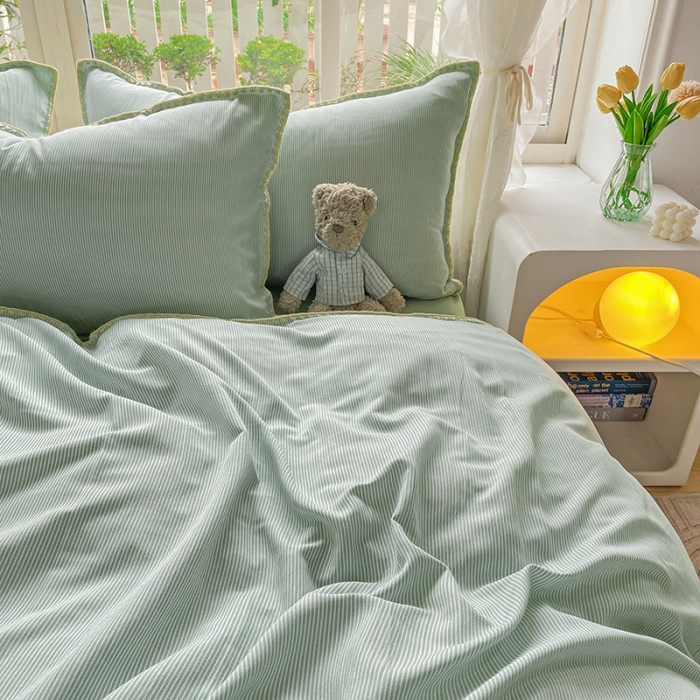 91家纺网 家纺一手货源 找家纺 暖芯优选 2023新款无印风贝壳绣双层纱棉麻水洗四件套 宁静-浅绿