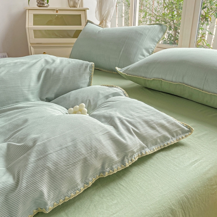 91家纺网 家纺一手货源 找家纺 暖芯优选 2023新款无印风贝壳绣双层纱棉麻水洗四件套 宁静-浅绿