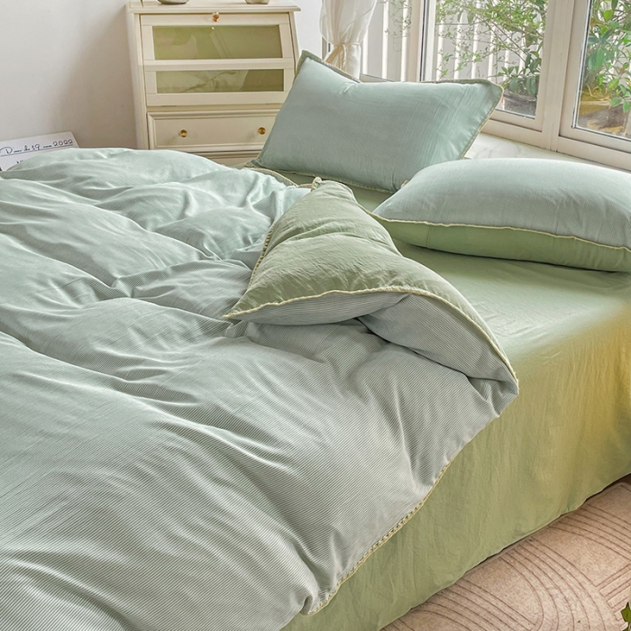 91家纺网 家纺一手货源 找家纺 暖芯优选 2023新款无印风贝壳绣双层纱棉麻水洗四件套 宁静-浅绿