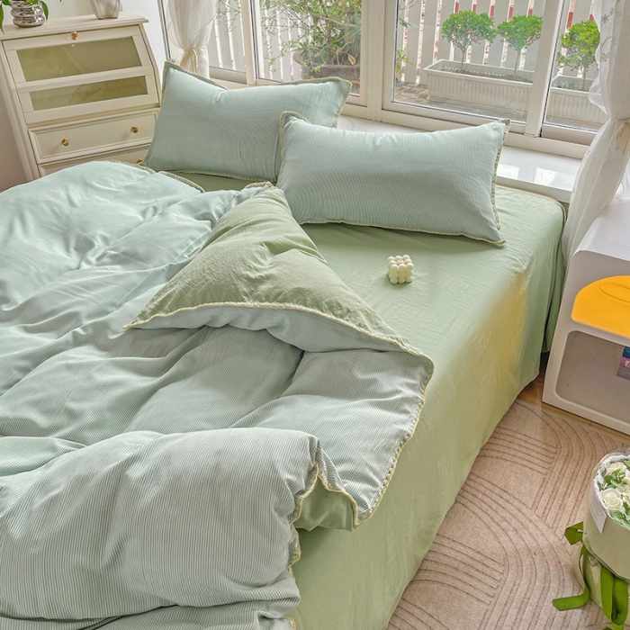 91家纺网 家纺一手货源 找家纺 暖芯优选 2023新款无印风贝壳绣双层纱棉麻水洗四件套 宁静-浅绿