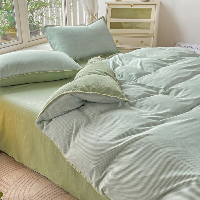 91家纺网 家纺一手货源 找家纺 暖芯优选 2023新款无印风贝壳绣双层纱棉麻水洗四件套 宁静-浅绿