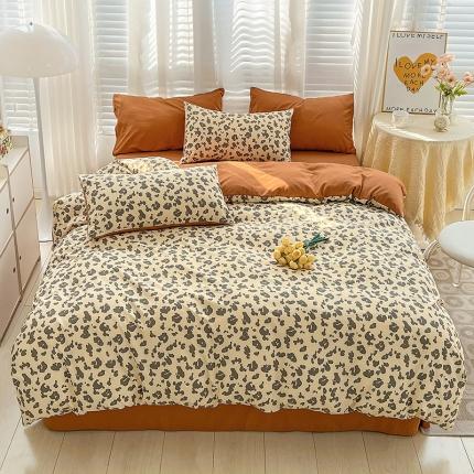 91家纺网 家纺一手货源 找家纺 暖芯优选 2023直播新款法式风双层纱棉麻水洗棉四件套 简约豹纹