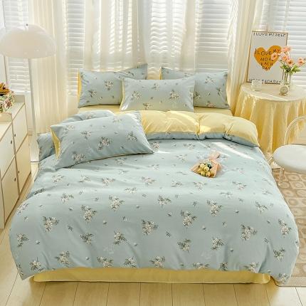 91家纺网 家纺一手货源 找家纺 暖芯优选 2023直播新款法式风双层纱棉麻水洗棉四件套 清欢-蓝