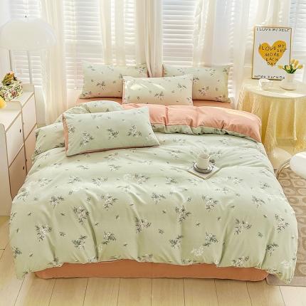 91家纺网 家纺一手货源 找家纺 暖芯优选 2023直播新款法式风双层纱棉麻水洗棉四件套 清欢-绿