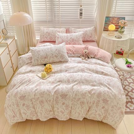 91家纺网 家纺一手货源 找家纺 暖芯优选 2023直播新款法式风双层纱棉麻水洗棉四件套 曼芮粉