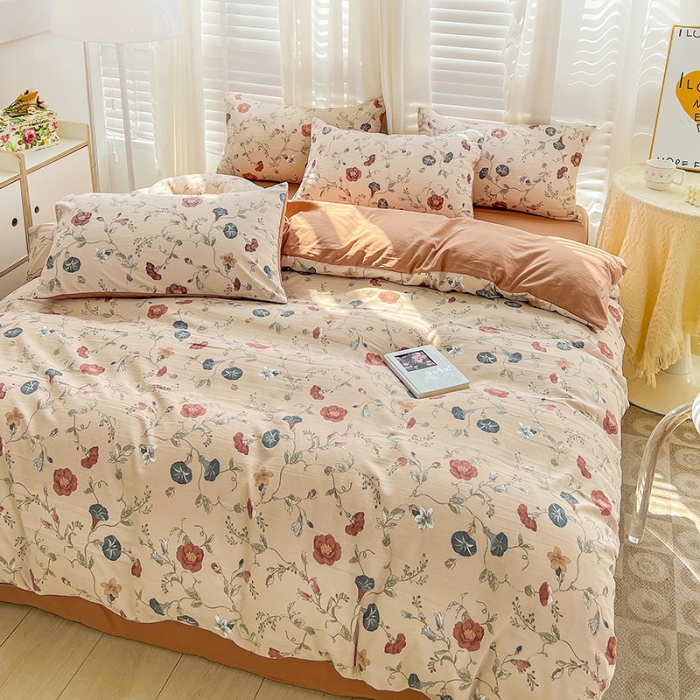 91家纺网 家纺一手货源 找家纺 暖芯优选 2023直播新款法式风双层纱棉麻水洗棉四件套 朝颜