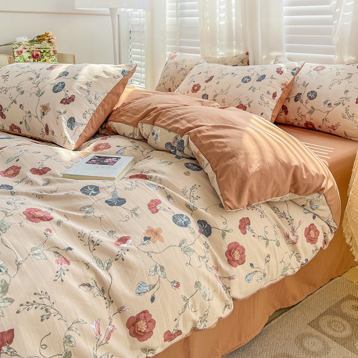 91家纺网 家纺一手货源 找家纺 暖芯优选 2023直播新款法式风双层纱棉麻水洗棉四件套 朝颜