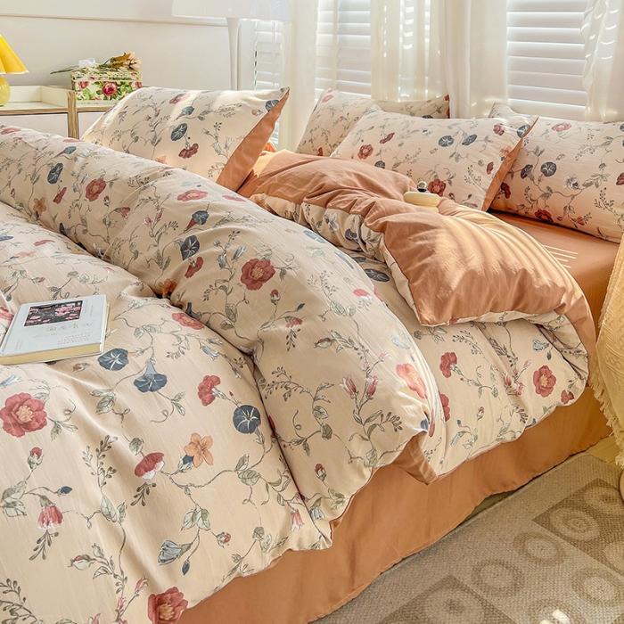 91家纺网 家纺一手货源 找家纺 暖芯优选 2023直播新款法式风双层纱棉麻水洗棉四件套 朝颜