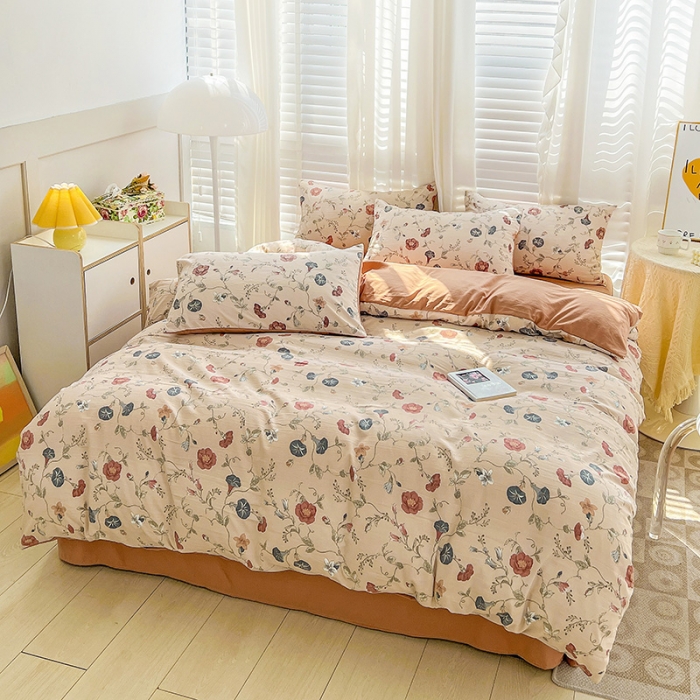 91家纺网 家纺一手货源 找家纺 暖芯优选 2023直播新款法式风双层纱棉麻水洗棉四件套 朝颜