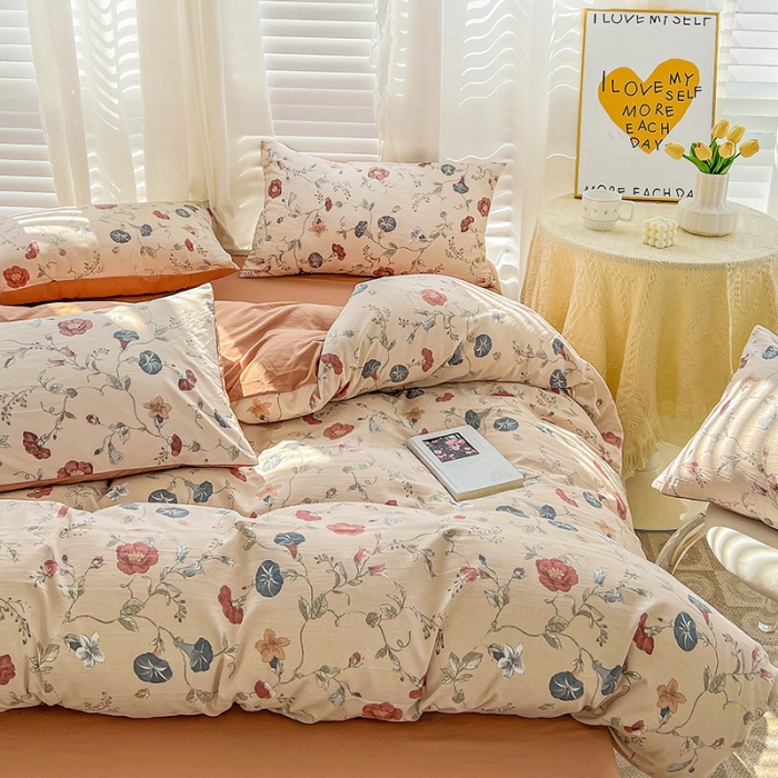 91家纺网 家纺一手货源 找家纺 暖芯优选 2023直播新款法式风双层纱棉麻水洗棉四件套 朝颜