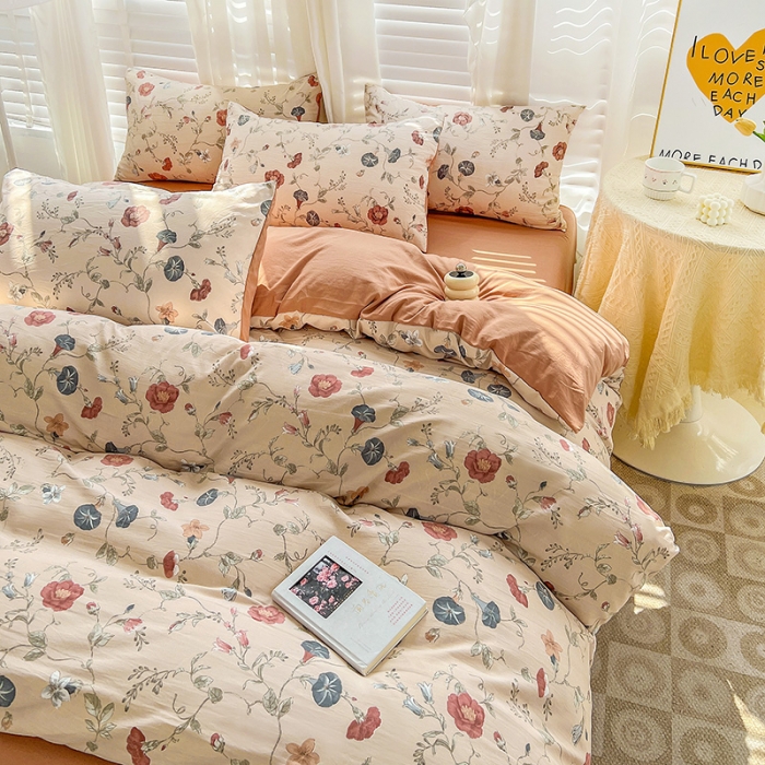 91家纺网 家纺一手货源 找家纺 暖芯优选 2023直播新款法式风双层纱棉麻水洗棉四件套 朝颜