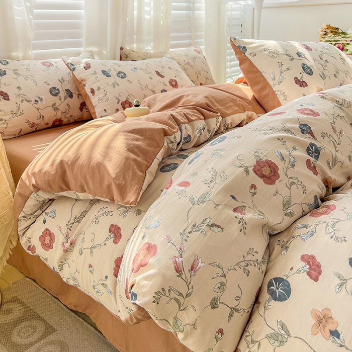 91家纺网 家纺一手货源 找家纺 暖芯优选 2023直播新款法式风双层纱棉麻水洗棉四件套 朝颜