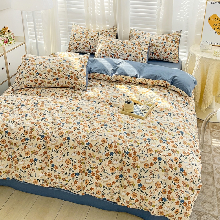 91家纺网 家纺一手货源 找家纺 暖芯优选 2023直播新款法式风双层纱棉麻水洗棉四件套 春日花园兔