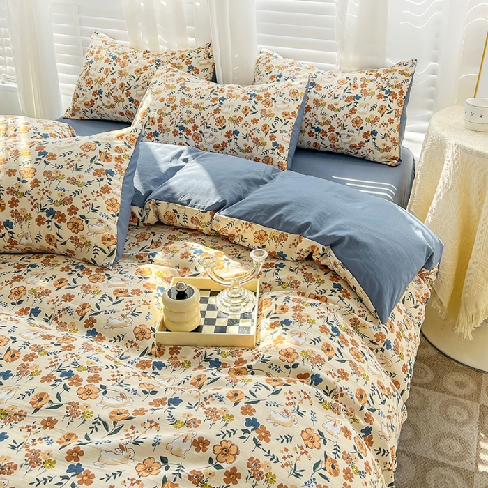 91家纺网 家纺一手货源 找家纺 暖芯优选 2023直播新款法式风双层纱棉麻水洗棉四件套 春日花园兔