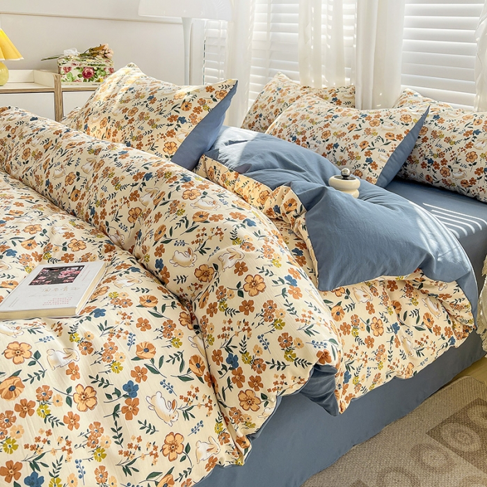 91家纺网 家纺一手货源 找家纺 暖芯优选 2023直播新款法式风双层纱棉麻水洗棉四件套 春日花园兔