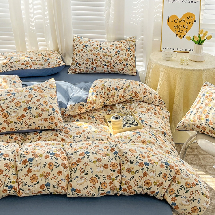 91家纺网 家纺一手货源 找家纺 暖芯优选 2023直播新款法式风双层纱棉麻水洗棉四件套 春日花园兔